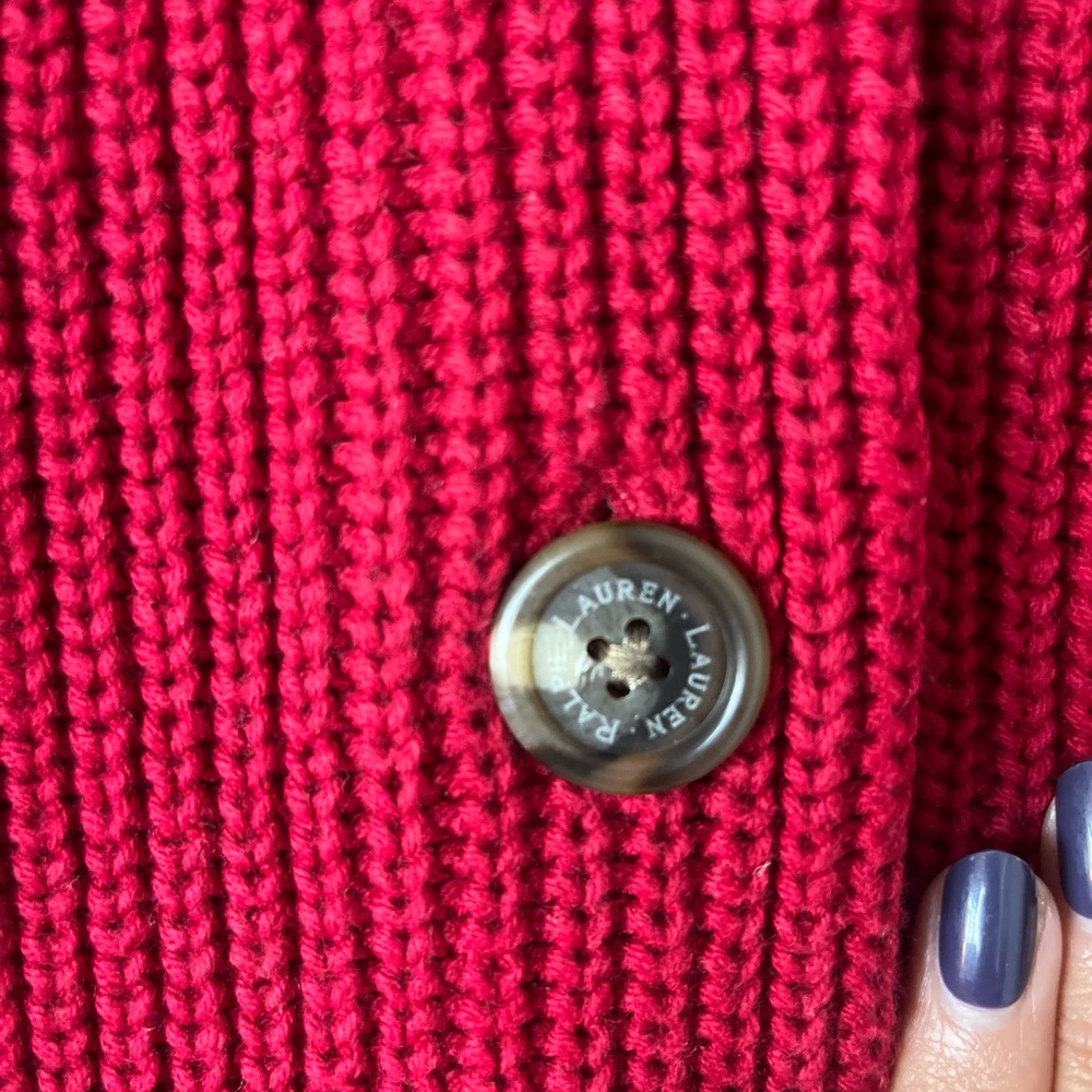 Lauren Ralph Lauren Red Black Stripe Knit Sweater Coat Cardigan Cotton - Picture 5 of 9